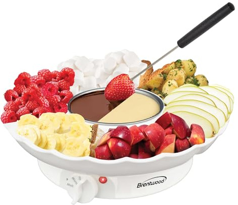 Brentwood TS-604W Electric Fondue Pot Set with 3 Section Tray and 4 Dipping Forks for Chocolate, Cheese, and more, White