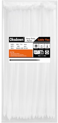 Oksdown 100 Pack White Plastic Cable Ties 300mm×7.6mm Strong Nylon Heavy Duty Self Locking 12 inch/30 cm Long Zip Tie Wraps