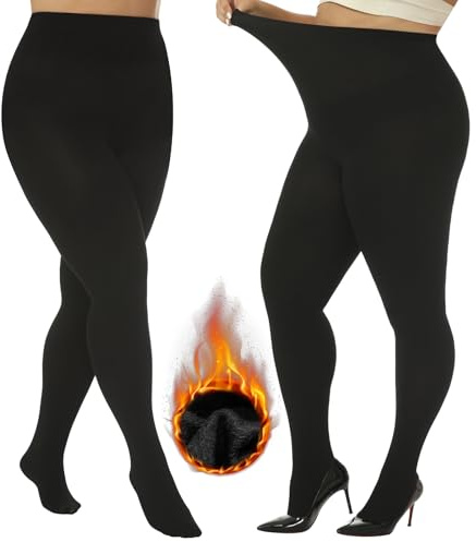 WiliW 2 Pairs Women's Plus Size Fleece Lined Tights Black Opaque Thermal Tights 200D Winter Warm Thick Stockings (Black 3XL-4XL)