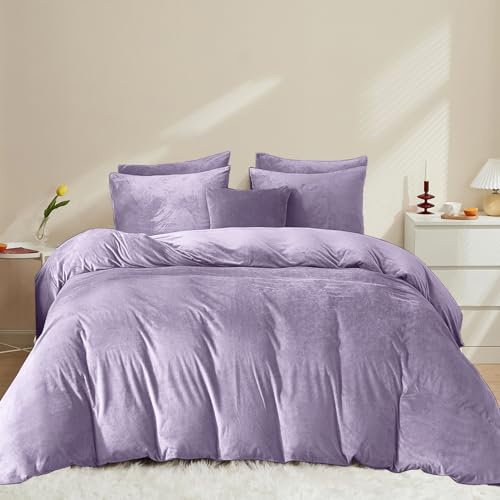 Covebett Flanelle Housse de Couette 200x200 Violet Lila Unie Peluche Hiver Chaude Parure de lit Velours Ultra Doux Linge de Lit Adulte 2 Personnes Fermeture Éclair + 2 Taie d'oreiller 65x65 cm