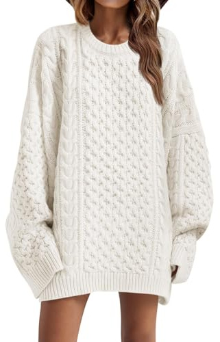 Saodimallsu Womens Oversized Sweaters Chunky Cable Knit Crewneck Long Sleeve Loose Tunic Sweater Tops White