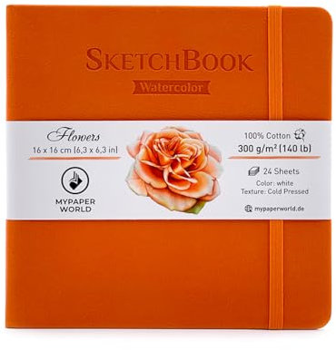 Mypaperworld quadratisch Aquarell Skizzenbuch 300 g/m² 100% Baumwolle, Aquarellpapier, 16x16cm säurefrei, 24 Blatt, 48 Seiten Kalt Gepresst- - Orange