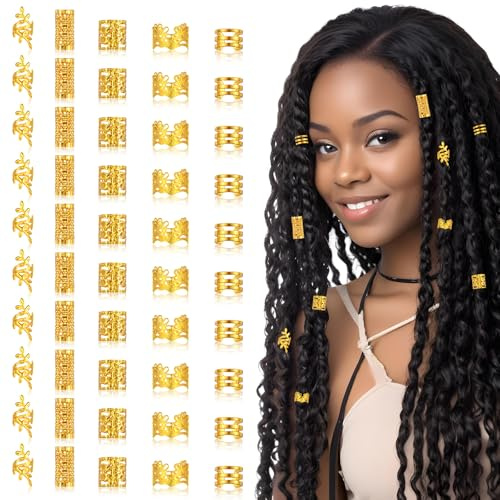 Lot de 50 bagues dorées réglables pour cheveux, dreadlocks, tresses, décorations pour femmes, hommes, festivals, pirates