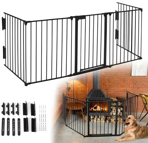 QEENTOE 300x 76CM Kaminschutzgitter Faltbar Metall Mit Sicherheitstürschloss Ofenschutzgitter Türschutzgitter Baby Kinder Kaminschutzgitter Sicherheitsbarriere Für Kamine und Öfen Schwarz