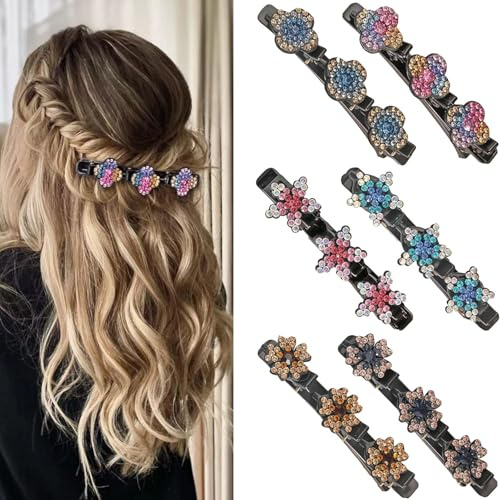 Fenglin-joy Pinza de Pelo con Piedras de Cristal Brillante, 6 Piezas horquillas trenzadas con piedras de cristal pinzas de pelo de doble capa para mujeres y niñas