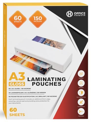A3 Laminating Pouches – 60 Sheets | 150 Micron | Gloss Finish | Waterproof, Durable, Trimmable, Wipeable | 3mm Border for Secure Sealing | Ideal for Posters, Certificates, Signs & Artwork