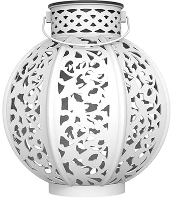 Lámpara solar blanca vintage metálica, diseño decorativo, energía solar, ideal para iluminar jardines y patios exteriores.