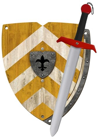 Spada e Scudo Cavaliere in Legno colorato Fatti a Mano - Giocattolo per Bambino, Bambina e Bambini - Complemento per Giochi, Imitazione, Costume, Medievale, Guerriero, Festa Tema, Medioevo (Giallo)