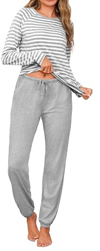 Uniexcosm Pijama de Mujer Largo Algodón Conjunto de Pijamas Mujer 2 Piezas Manga Larga en Cuello Redondo Raya Top y Pantalones Gris Claro M