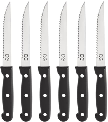 Dc Casa Set 6 Coltelli da Bistecca in Acciaio Inox 21,5x2,1 cm - Lama Seghettata Affilata per Carne, BBQ, Grigliate - Design Elegante per Tavola e Cucina