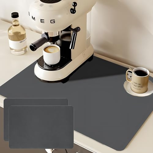Uoxmiy 2 Pack Coffee Mat, 30x50cm Coffee Machine Mat, Quick-Drying Absorbent Dish Drying Mat, Anti Slip Diatomaceous Protector for Kitchen Counter (Dark Grey)