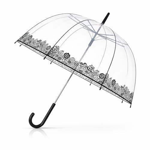 Clear Dome Wedding Umbrella for Women – Transparent Bubble Bridal Umbrella with Lace Trim and Black Hook Handle, Windproof See-Through Dome