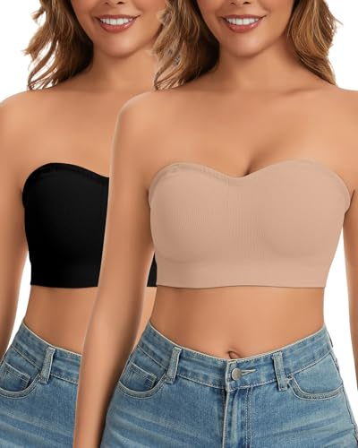 WOWENY Sujetador sin tirantes para mujer sin aros Bandeau Top Push Up acolchado Bralette tubo con tirantes transparentes y almohadillas fijas, L