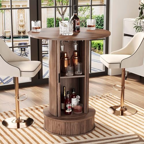 CSstone Mesa Redonda de Bar con Almacenamiento Oculto de 2 Niveles y botellero, Mesa de cóctel rústica de 97 cm de Altura con reposapiés y Puerta corredera para Comedor o Sala de Estar.