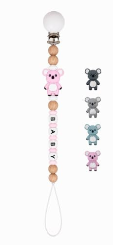 Baby nappkedja klämma, nappkedja 3D djur pärla nappband flickor och pojkar, klämmor för haklapp, triangulär halsduk, napp/barnvagn/babybär/bilstol, baby gåva (koala) (mörkgrå)
