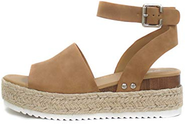 Soda Topic Open Toe Buckle Ankle Strap Espadrilles Flatform Wedge Casual Sandal (Tan, 10)