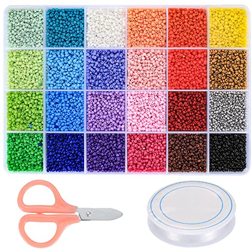 12047 Pezzi Perline con Lettere e Perline di Vetro, 2 mm Mini Perline Rocailles Colorate con Forbici, Corde Elastiche per Braccialetti Collane Bigiotteria Fai Da Te