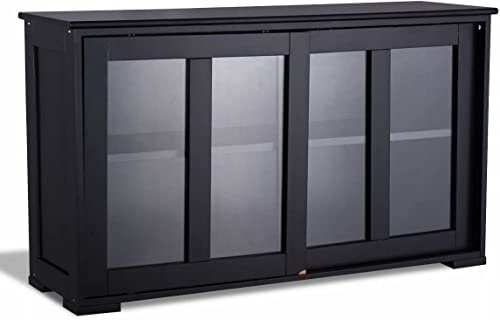 Kitchen Stackable Storage Cabinet with Height Adjustable Shelves & Glass Sliding Doors, Cupboard Server Buffet Console Sideboard, Black
