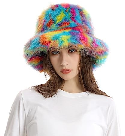 YJZQ Fischerhut Damen Winter Plüsch Bucket Hat Kunstpelz Wintermütze Breite Krempe Fellmütze Eimerhut Warme Fischermütze für Frauen Mädchen Einheitsgröße