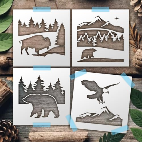 Buffalo Wildlife Mountain Stencil Set – 4 Reusable Nature Scene Templates with Bear, Bison, Eagle & Forest Designs Rustic DIY Painting Stencils for Crafts, Wood Signs, Wall Art