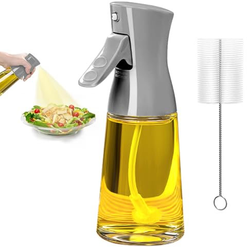 Showvigor Olive Oil Sprayer for Cooking, 180ML Glass Oil Dispenser Bottle with Brush, Canola Oil Vinegar Spray Mister for Kitchen, Refillable Gadgets Accessories Widely Used for Air Fryer(GREY)