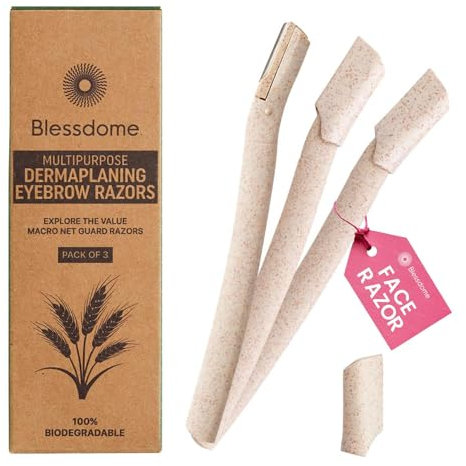BLESSDOME 3Pcs Biodegradable Wheat Straw Eyebrow Razor Shaper for Women | Peach Fuzz & Facial Hair Remover and Trimmer | Exfoliating Dermaplane Tool |Eco-Friendly Dermaplaning Blades for Face