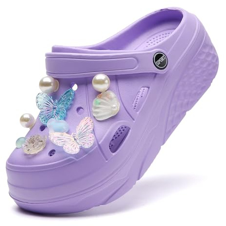 Zoccoli da donna con plateau, comodi sandali da giardino con zeppa, Viola, 39 EU