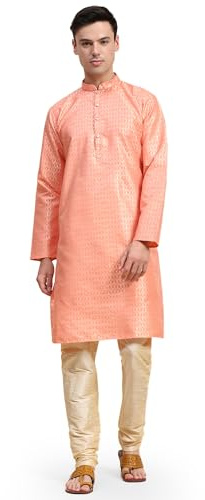 SKAVIJ Herr Jacquard Silk Vävd Design Kurta Pyjamasset Etniska motiv Långa ärmar etnisk klänning, Orange, L