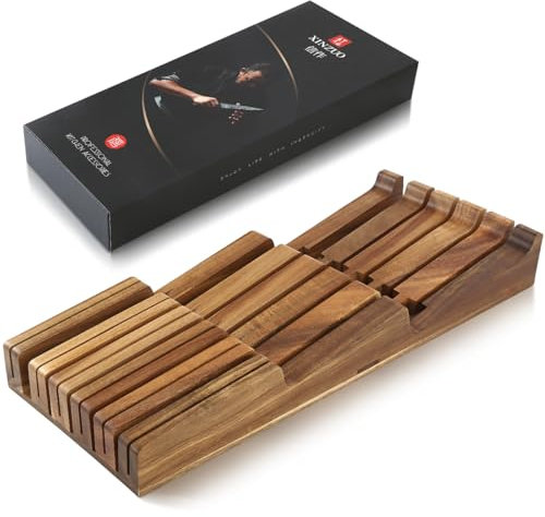 XINZUO Cassetto Blocco di Coltelli da Cucina in Legno di Acacia -43,6x18,4x5,3cm Ceppo Portacoltelli Universale per Cassetto (Senza Coltelli) -4 Coltelli Lunghi+6 Corti+1 Acciarino per Affilare