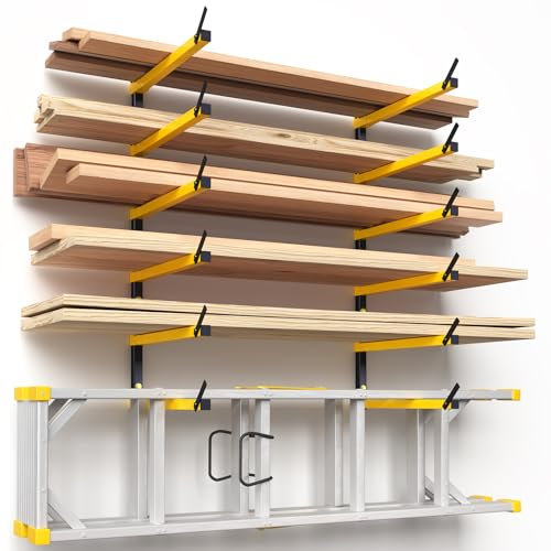 GREENER Lumber Storage Rack Folding Wood Storage Racks Wall-Mounted Metal Racks for Storage with 6-Level Heavy Duty Garage Wood Organizer for Woodworking Shop Indoor & Outdoor Use, 2 pairs,Yellow