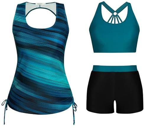 JASAMBAC 3-delat magdragande tankini-set för damer, push-up-bikiniöverdel och badshorts med hög midja, enkla badkläder, sport-baddräkt, badmode för strand, pool, XL