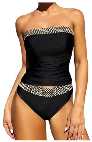 WDIRARA Women's 2 Piece Color Block Tankini Set Bandeau Strapless Ruched Bathing Swimsuit M