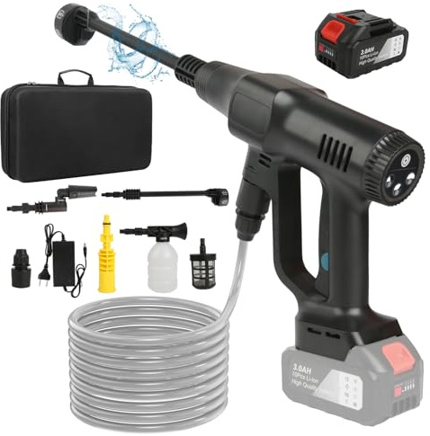 Batteridriven högtryckstvätt, max 200 bar mobil högtryckstvätt pistol, 6-i-1 munstycke, justerbart munstycke och 5 m slang, högtryckspistol för bil, terrass, trädgård, staket, pool (med 1 x 15 000 mAh