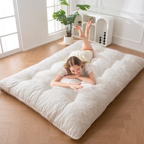 MAXYOYO Colchón Futón Tela de Chenilla, 15 cm de Grosor, Sofá Cama Futón Enrollable Relleno de Espuma Triturada,Abotonado Artesanal, Práctico Cubrecolchón Plegable para Suelo (No Incluye Estructura)