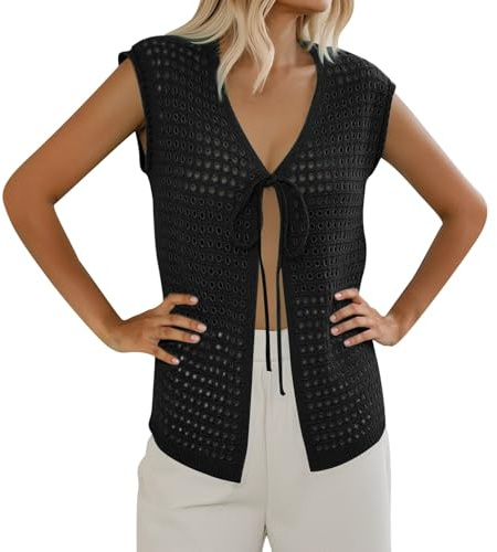 Tops de ganchillo para mujer, trajes de verano, playa, salida de baño, lazo frontal, suéter de primavera, chaleco de moda 2025, Negro, XL