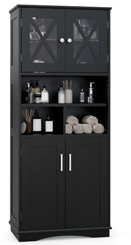 GOPLUS Armoire Haute de Salle de Bain, Armoire de Rangement Autoportante avec 2 Placards à Portes, Étagères Réglables, 3 Étagère Ouvertes, pour Salon, Salle à Manger, 60 x 30 x 145 cm (Noir)