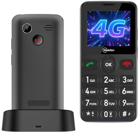 Melefon Téléphone Portable 4G pour Personnes âgées sans contrat, Bouton SOS, Grandes Touches, Facile à Utiliser, écran Couleur 2,2 Pouces, Radio FM, Lampe Torche, Batterie 1400 mAh