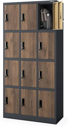Jan Nowak Casier vestiaire 3B4A Armoire Metallique 12 Compartiments avec Fentes de Ventilation Revêtement en Poudre 185 cm x 90 cm x 40 cm (Anthracite-Bois)