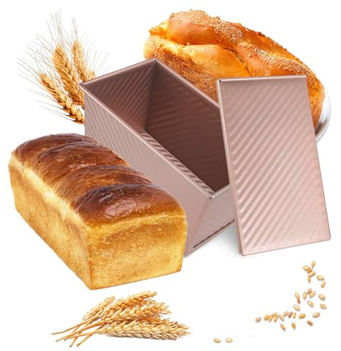 Lightista Pullman Loaf Tin with Lid, 1lb(450g) Dough Non Stick Bread Tin Loaf Pan with Slide Cover, Carbon Steel Rose Gold 21X11.5X11CM Toast Pan Bread Tins for Oven Baking Breads