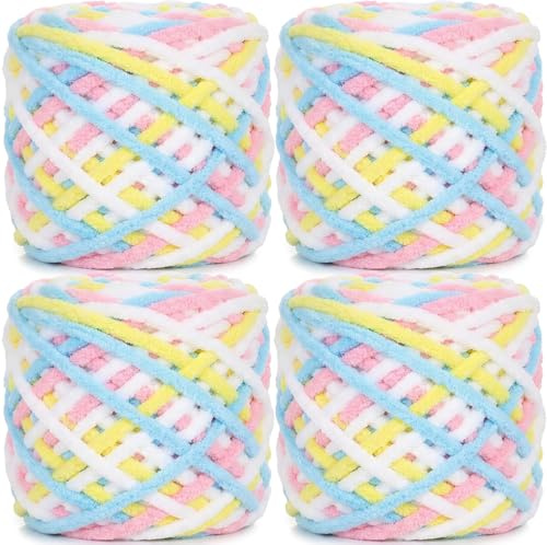 Lighterday Hilo de felpilla de punto súper grueso, 4 ovillos de 100 g, lana multicolor para tejer mantas a mano, lana para tejer mantas grandes, calcetines y bufandas (rosa, amarillo y azul)