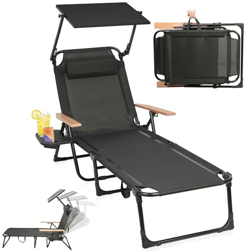 AlpineAura Solstol, hopfällbar med tak och 4-vägs justerbart ryggstöd, trädgårdsstol med kudde upp till 150 kg, bärbar strandstol, solstol, campingstol för pool, strand (svart med tak)