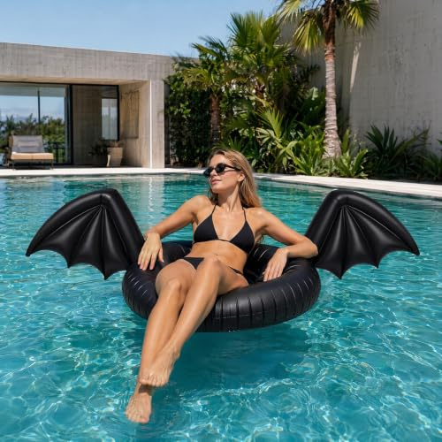 Inflatable Pool Float, Creative Bat Wings Decor, Black Thickened PVC Swim Ring for Pool Party Halloween Beach Summers