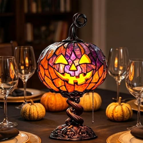 Målat glas pumpa bord, vintage halloween nattlampa med USB-kraft för sovrum bokhylla, mosaik Jack-O-lykta dekor för gotiskt höst hem
