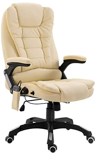 YunCangg Massage-kontorsstol gräddvit konstläder med 6 massagepunkter och värmefunktion, ergonomiskt ryggstöd, höjdjusterbar, 360 graders roterbar, nylonhjul för kontor och hemmakontor