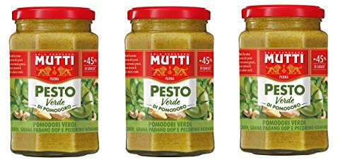 3x Mutti Pesto Verde Pomodori Verdi grön tomatpesto pasta sås 100 % italiensk tomatglas 180 g kryddsåser med cashewnnötter, Grana Padano och Pecorino Romano