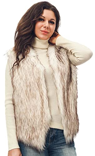 Aukmla Women's Faux Fur Vest Short Sleeveless Coat Jacket Winter Warm Waistcoat Outwear for Spring Autumn and Winter (Medium, White+Brown)