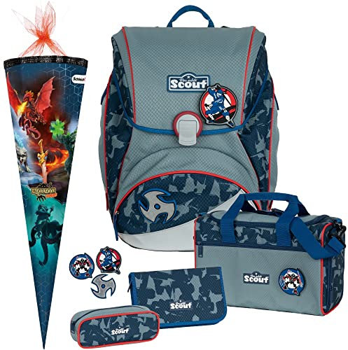 Blue Ninja - Scout Alpha mit Funny Snaps Schulranzen-Set 5tlg. - SCHULTÜTE GRATIS DAZU, Blau/Grau, B 32 x H 40 x T 25 cm