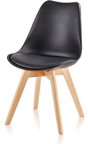 KHG Esszimmerstuhl Polsterstuhl Skandi Look - Stuhlbeine Massivholz Buche, Kunststoff Sitzschale, gepolstertes Kunstleder-Sitzkissen, modern & pflegeleicht, belastbar bis 150 kg - Schwarz
