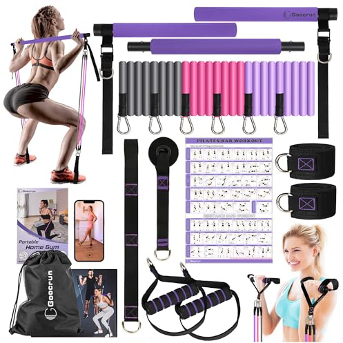 Juego de Barra de Pilates y Banda de Resistencia con Asas, Gimnasio portátil en casa, Incluye Anclajes de Puerta, Correa de Tobillo y Correas de extensión, Viene con Carteles y Videos de Fitness