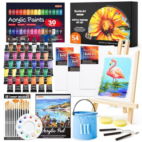 Shuttle Art 54 Pack Kit Pintura Acrílica con 30 Tubos 12ml Pintura Acrílica, Caballete de Madera, Lienzo para Pintar, Pinceles, Paleta, Pinturas para Niños Adultos, Pintura para Tela, Lienzos